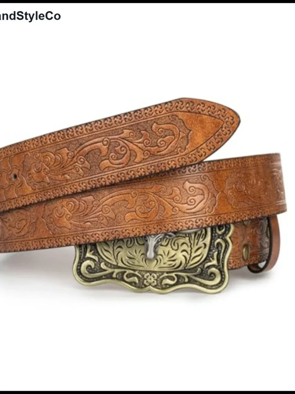 Western Floral Embossed PU Leather Belt with Cow Head Buckle for Jeans